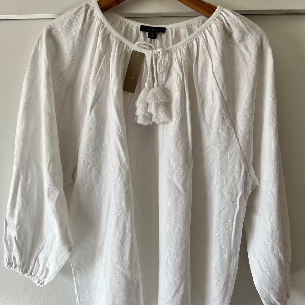 J Crew Embroidered Tassel-Tie Peasant top - White Large L - Picture 2 of 7